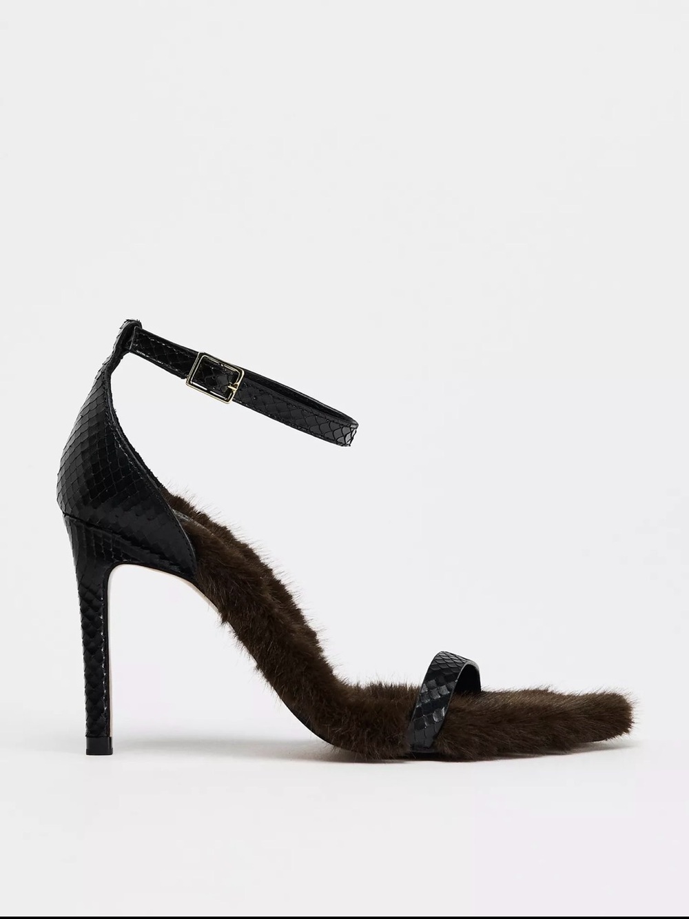 Zara Black Faux-Fur Ankle Strap Stiletto